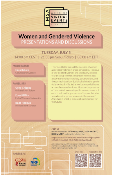 Women and Gendered Violence, a plenary panel of the 2022 Memory Studies Association Conference (Moderated by Carol Gluck)